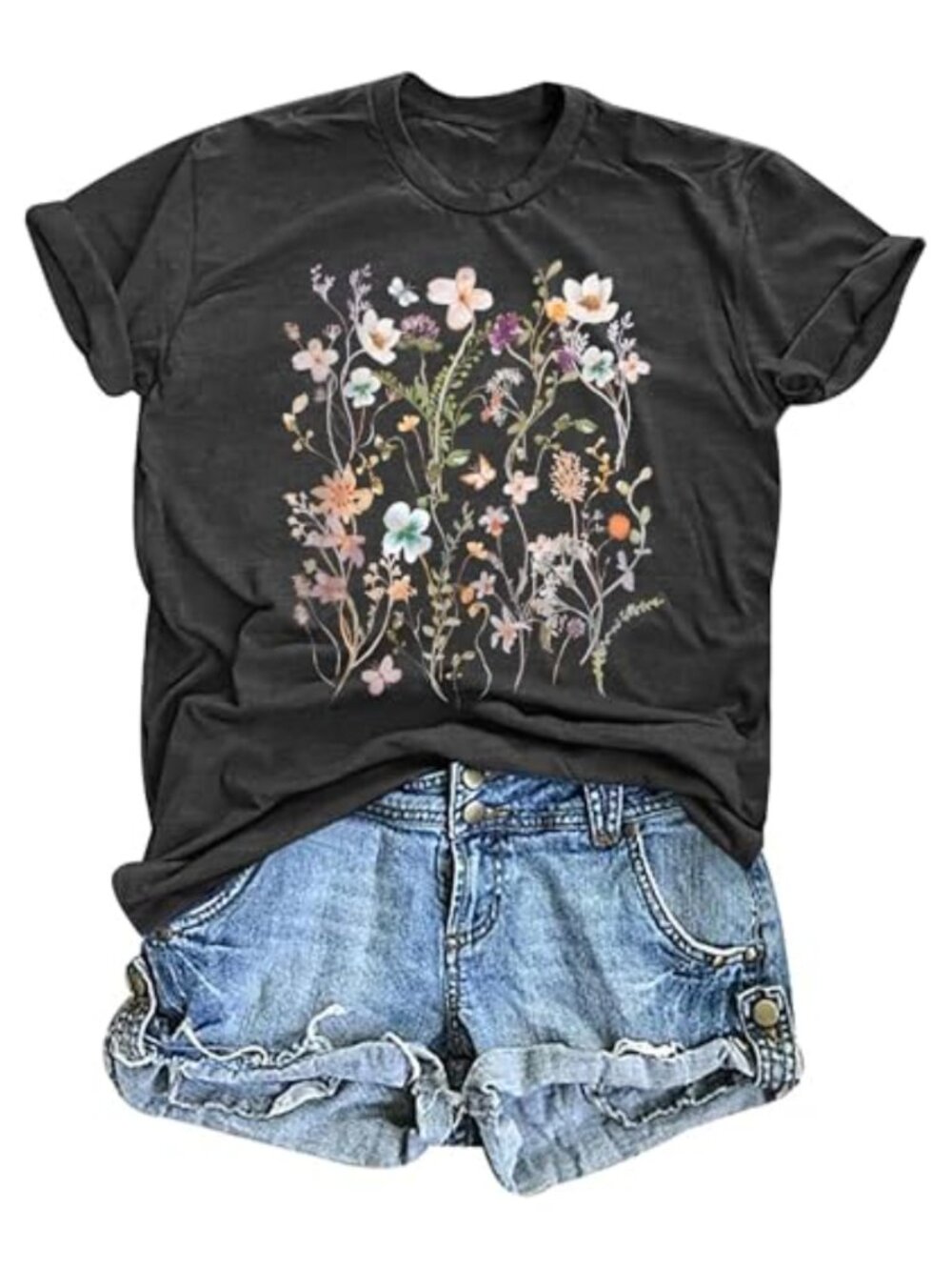 Boho Floral Graphic Tee Cotton Blend Loose Fit Crew Neck Short Sleeve